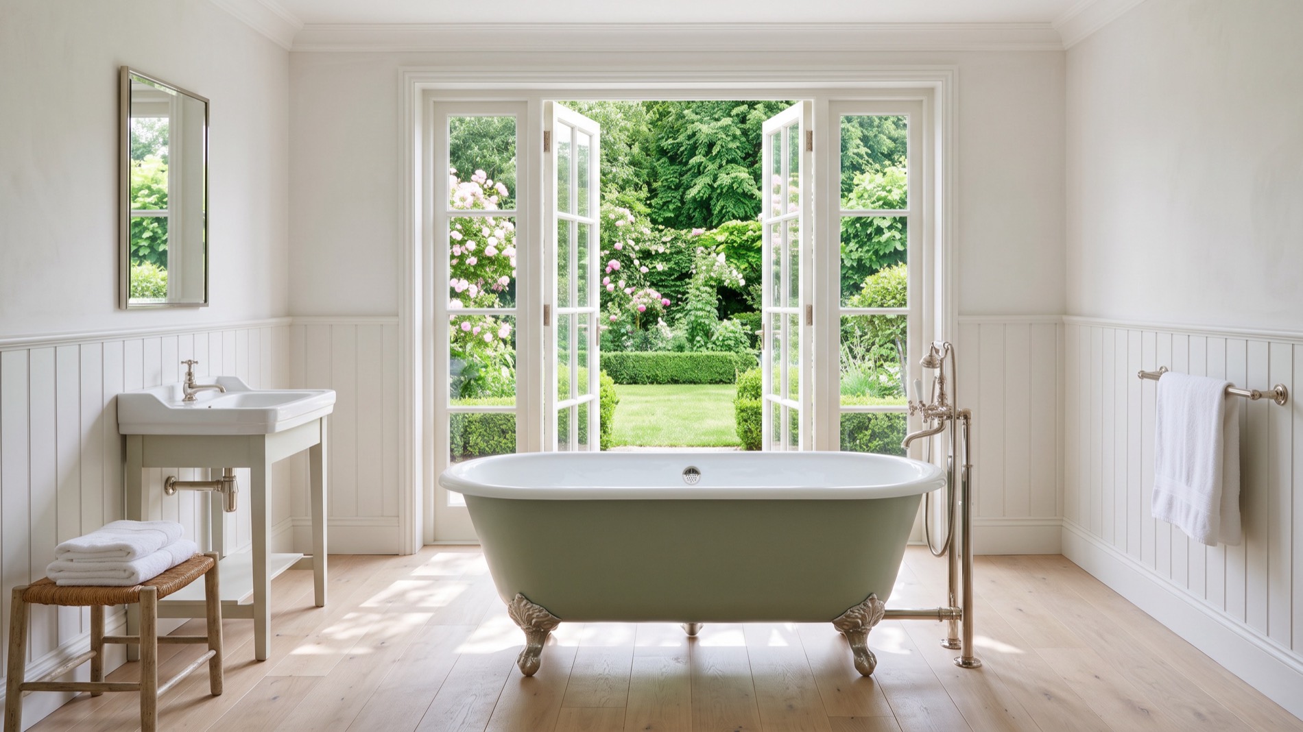An English country-house bathroom, a sage green roll-top bath before garden doors standing open onto roses and a lawn